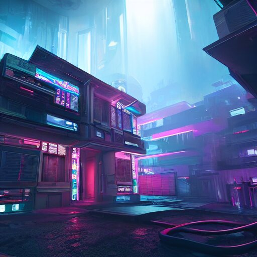 A photograph of a cyberpunk mansion set in a cyberpunk utopia. Highly detailed, 8k wallpaper, HDR, concept art, unreal engine 5, 4k, 8k, ray tracing, bloom, lens flare