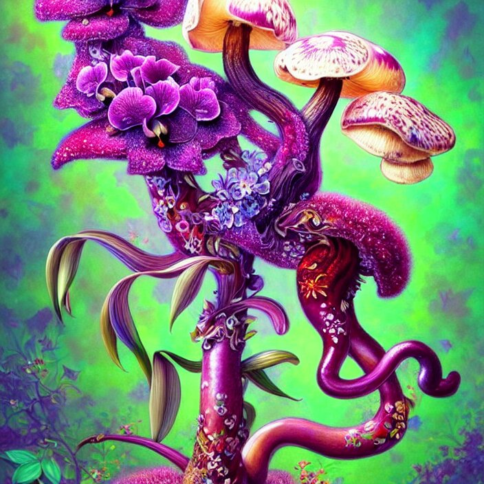 extremely psychedelic animal made of orchid and cherry blossom tree and mushroom, LSD, diffuse lighting, fantasy, intricate, elegant, highly detailed, lifelike, photorealistic, digital painting, artstation, illustration, concept art, smooth, sharp focus, art by John Collier and Albert Aublet and Krenz Cushart and Artem Demura and Alphonse Mucha