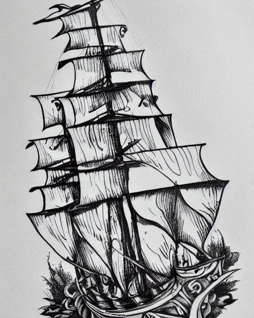 A tattoo design on paper of a pirate ship, on paper, black and white, highly detailed tattoo, realistic tattoo, by nik lucas