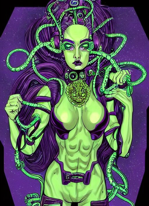 Perfectly-centered vibrant portrait-illustration of a very beautiful and puzzled looking nebulapunk cyberpunk Medusa with symmetrical facial features with a very and accurately symmetrically drawn-out body, in the style of an epic golden age sci-fi comic book cover in an awesome pose wearing a really cool cyberpunk outfit, with lots of really large ravepunk bio-luminiscent snakes as her hair that go all around and above her, next to a tall cybernetic tower with lots of glowing buttons. Super highly detailed, professional and intricate professionally made HDR digital artwork, RPG portrait, digital airbrush painting, extreme illustration, concept art, smooth, maximalist, dreamscape, Rococo, surreal dark art, cosmic horror, lovecraftian style, Aetherpunk, cinematic, Hyperdetailed, hyperrealistic, enchanting, otherworldly, arthouse, sinister mood, cosplay, sense of awe, Exquisite award winning picture, glowing rich colors, ethereal backlight background, 300 DPI, 8k resolution, HD quality, cinema 4d, 3D, 3d final render, 3d shading, unreal 5, octane render, 3D rim light, dynamic lighting, atmospheric lighting, iridiscent background accents, golden ratio, psychedelic highlights, dramatic shadows, 
anamorphic lens, sharp focus, trending on Gsociety, trending on ArtstationHQ, trending on deviantart, neon-noir bokeh, professionally post-processed, wide-angle action dynamic portrait