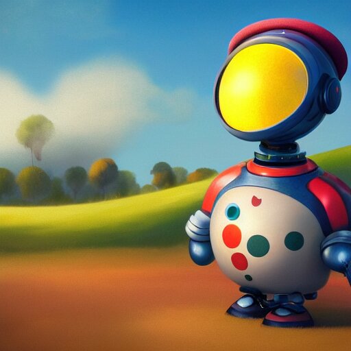 full body portrait of a round robot wearing beret, painting a canvas, big head, high detail, beautiful light, depth of field, sharp focus, clean design, 4 k, pixar, colorful, octane render 