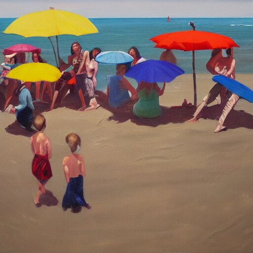 a painting of people on a beach with umbrellas, a detailed painting by Emily Mason, featured on tumblr, action painting, detailed painting, oil on canvas, painterly