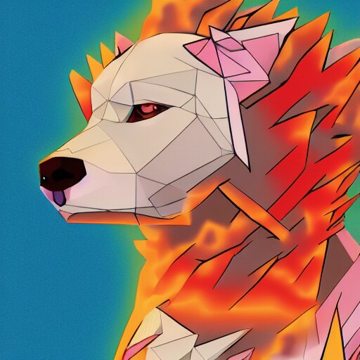 aesthetic albino dog fursona portrait, commission of a anthropomorphic lion on fire, fursona wearing stylish clothes, winter armosphere, pastel simple art, low poly 