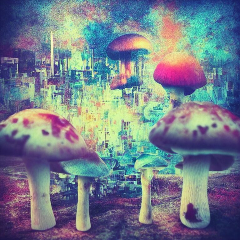 double exposure of dally life, symbols of live, explosion, cyber mushroom city, love is the most relevant theme, love is infinity, love is begin of all, 8 k resolution, artistic mode, artistic, trending on instagram, long exposure, love art, serious, fantasy and dreams vibes, mushrooms style and macro style, colorful picture 