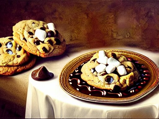 opulent banquet of plates of freshly baked chocolate chip cookies, jelly beans, chocolate sauce, marshmallows, highly detailed, food photography, art by rembrandt 