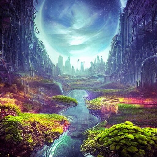 nature covered sci-fi city, magical