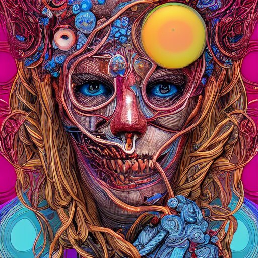 the anatomical face of a ridiculously beautiful and pretty woman partially made of onion rings of all colors looking up, an ultrafine detailed illustration by james jean, final fantasy, intricate linework, bright colors, behance contest winner, vanitas, angular, altermodern, unreal engine 5 highly rendered, global illumination, radiant light, detailed and intricate environment 