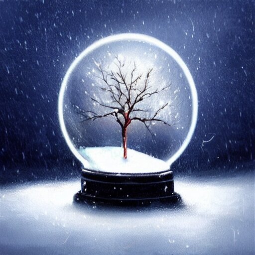 a snow globe with a lightning storm inside. Atmospheric, beautiful oil painting trending on artstation. Rich colors, dramatic lighting