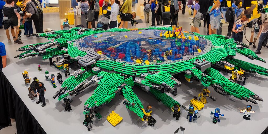 wide shot lens photo of a very intricately detailed and epically shaped 1. 2 5 m long alien lego mothership ufo kit designed by a master builder as displayed at a lego convention. 