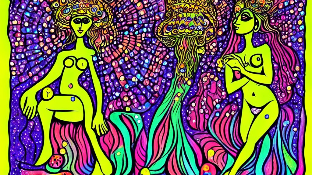 mushroom goddess, dripping crystals, full body dynamic pose, attractive form, psychedelic dmt deity, picasso, pin up girl, visionary art, fully colored and rendered 