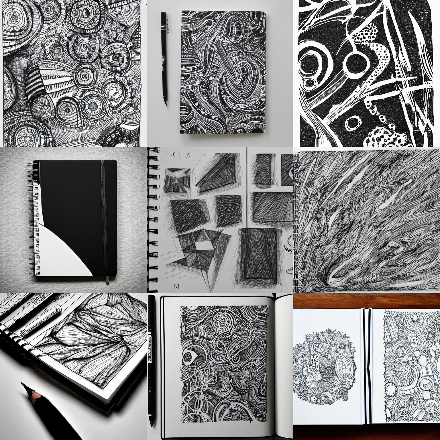 individual detailed drawings of black and white notebook drawings white space 