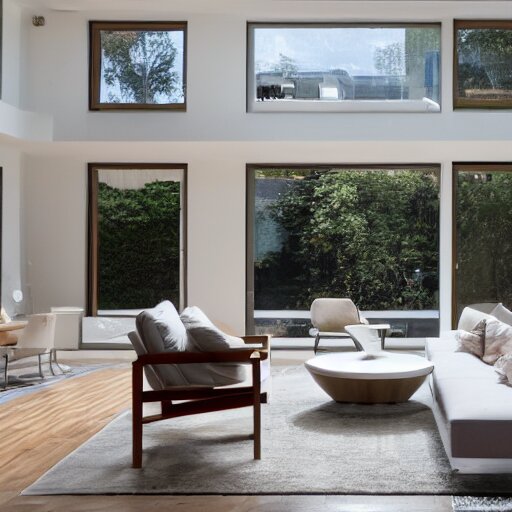 A modern living room with 2 sofas facing each other with a white marble table in the center, on the left side of the living room there is a floor to ceiling glass window that leads to the courtyard, on the right side of the living room there are wooden stairs that lead to the second floor