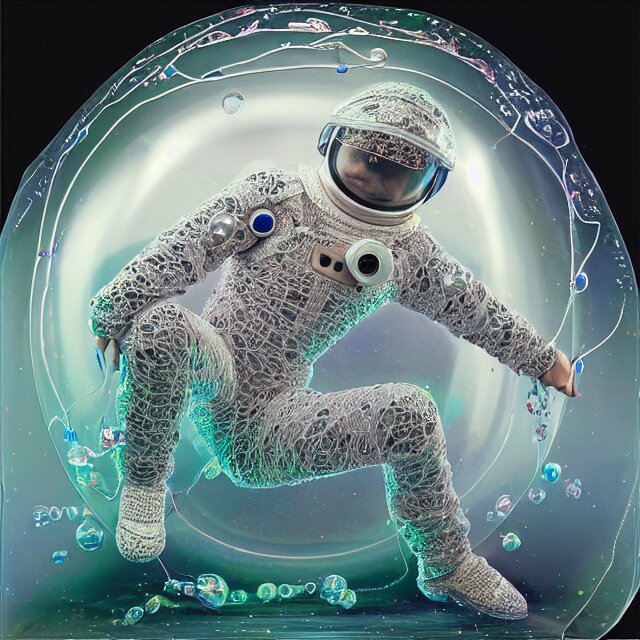 realistic extremely detailed  photo style  painting of a bifurcated astronaut eva suit covered in  diamond 3d fractal lace iridescent bubble 3d skin +, camera appendage stalks+helmet clear brain case see through ,in a jumping float pose inside of a futuristic space station blobby holograpic shrink wrap bubble,
,opal ruby diamond iridescent fractal lace bubble materials,alternate reality ceramic age,
monolithic retro futuristic ,water , by style hybrid mix of beeple+Anton Pieck+Jean Delville+ Amano,Yves Tanguy+ Alphonse Mucha+ Ernst Haeckel+ Edward Robert Hughes+Stanisław Szukalski covered with compound eye camera lenses,neutron,
rich moody colors,diamond dust glitter and sparkles, granular detail,holographic krypton ion,blue eyes,octane render,4k,
f32,55mm photography,wide angle ,jumping float Pose,full shot,  