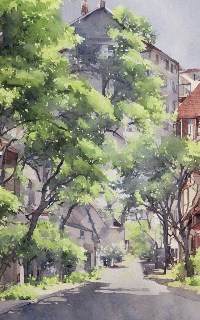 street lined with old residential houses summer watercolor by arti chauhan trending on artstation 