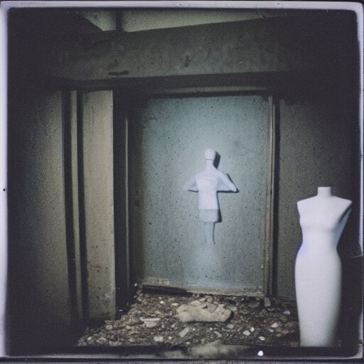 a mannequin at the top of a dark stairwell, abandoned, creepy, eerie, scary, old polaroid, expired film, out or focus, 