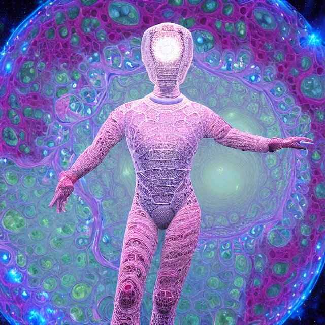 realistic extremely detailed  photo style  painting of a complete  astronaut suit with exposed diamond 3d fractal lace iridescent bubble 3d skin clear brain+ one hand holding a glowing sparkle plasma spear and multiple chest  arm and legs chelate appendages and in a jumping float Pose
,opal ruby diamond iridescent fractal lace bubble materials,against a psycadelic  wavy lace wall,
monolithic retro futuristic ,water , by style hybrid mix of beeple+Anton Pieck+Jean Delville+ Amano,Yves Tanguy+ Alphonse Mucha+ Ernst Haeckel+ Edward Robert Hughes+Stanisław Szukalski , compound eys lenses,
rich moody colors,diamond dust glitter and sparkles, granular detail,holographic krypton ion,blue eyes,octane render,4k,
f32,55mm photography,wide angle ,jumping float Pose,full shot,  