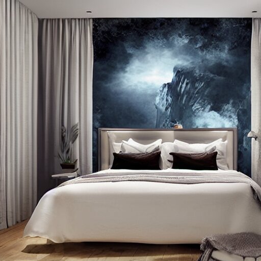 a cozy bedroom interior with wall murals painted by a genius, detailed, high resolution, wow!, intricate, volumetric lighting, raytracing 