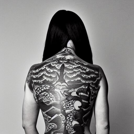 photography of the back of a woman with a black detailed irezumi tatto representing a cute caracal on her entire back, dark hangar background, mid-shot, editorial photography