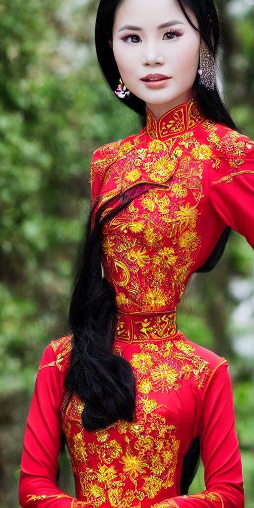 beautiful vietnamese woman wearing vietnamese ao dai, intricate, detailed, symmetric face 