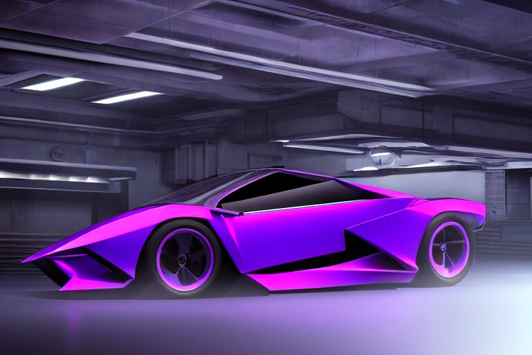 cyberpunk purple lamborghini concept inspired sports car, futuristic look, highly detailed body, very expensive, photorealistic camera shot, bright studio setting, studio lighting, crisp quality and light reflections, unreal engine 5 quality render 