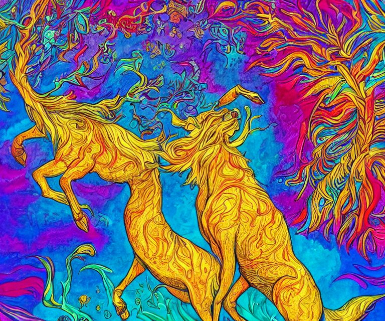 the wildest dream, vivid colors, golden hour, psychedelic art, magical creatures 