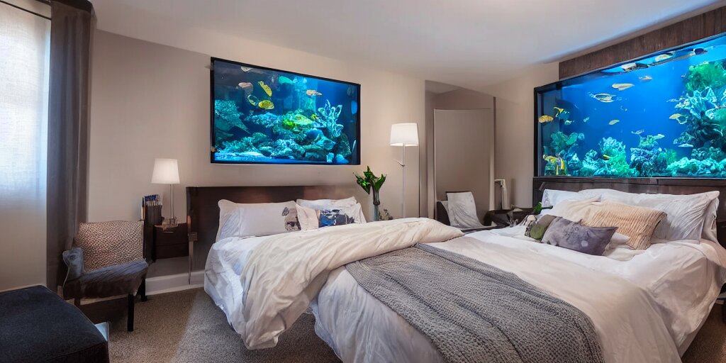 a bedroom with an aquarium behind the headboard, rays of light from the television on at midnight, calm environment, cinematic lighting, glare 