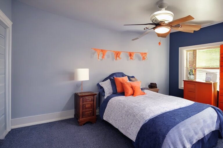 a 10 by 11 foot old bed room with blue grey criss cross patterned walls, white ceiling, navy blue carpet, a small bed, desk, two wooden wardrobes, an old TV, and a ceiling fan gives off a dim orange light at night time