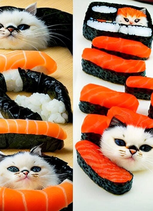 clear photorealistic picture of adorable cats made out of sushi 