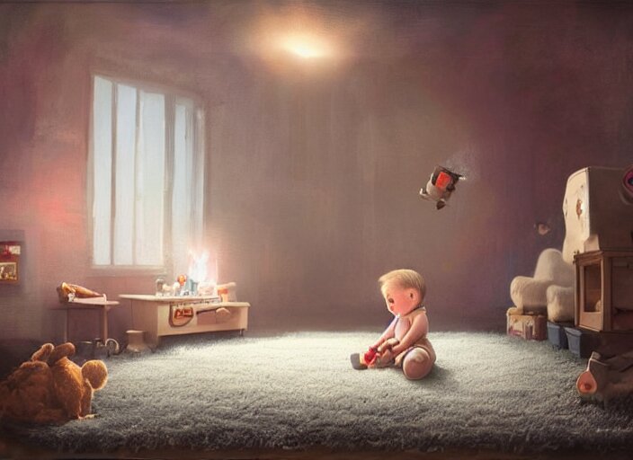 lonely toddler elon musk sitting on a shaggy rug playing with his little rockets, bedroom, realistic painting, beautiful soft lighting, istvan sandorfi 