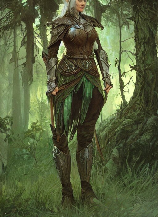 Lexica A serious looking wood elf woman wearing armour made of tree