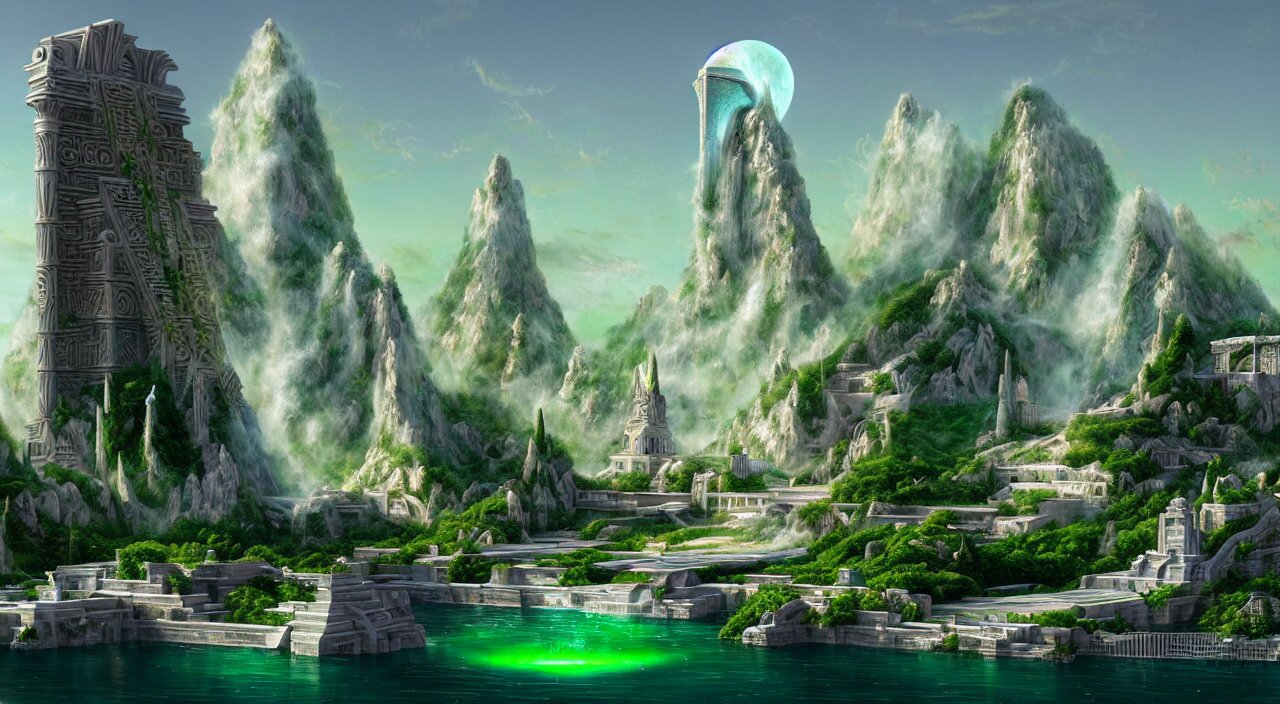 
a matte painting futurist of a green water city of Atlantis grec greeble temple olymp glory in sun shaft zeus sky tower statue pantheon ivy plant grow flower in white marble gold incrusted of legends adn red flag dynasty by Frank Lloyd Wright and Zaha Hadid torch volume light stylized illustration  digital airbrush painting, 3d rim light, hyperrealistic masterpiece, artstation, cgsociety, kodakchrome, golden ratio waterfall


