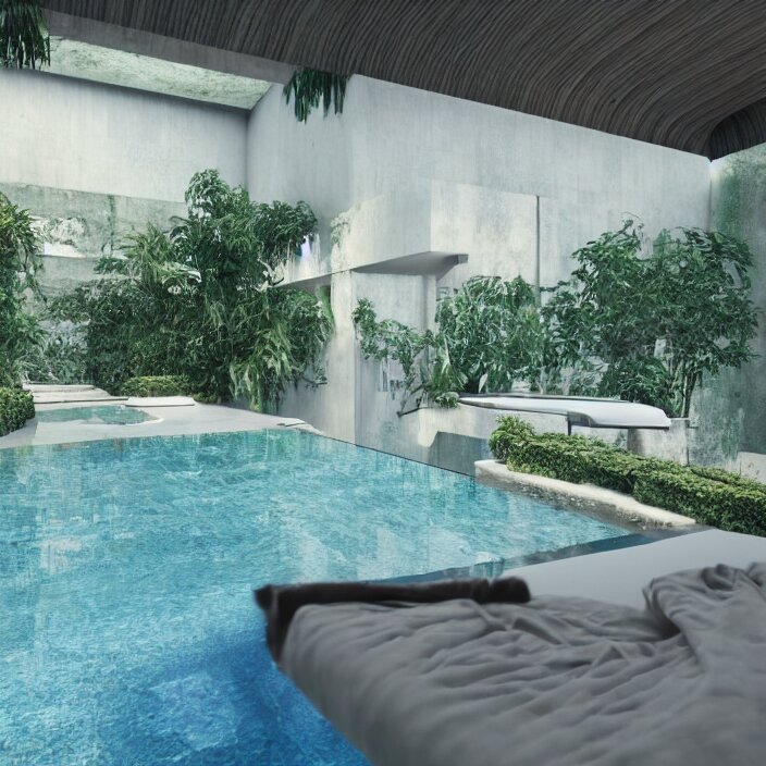 a room with a pool in the middle of it, a digital rendering by ricardo bofill, featured on cg society, hypermodernism, vray tracing, rendered in unreal engine, liminal space 