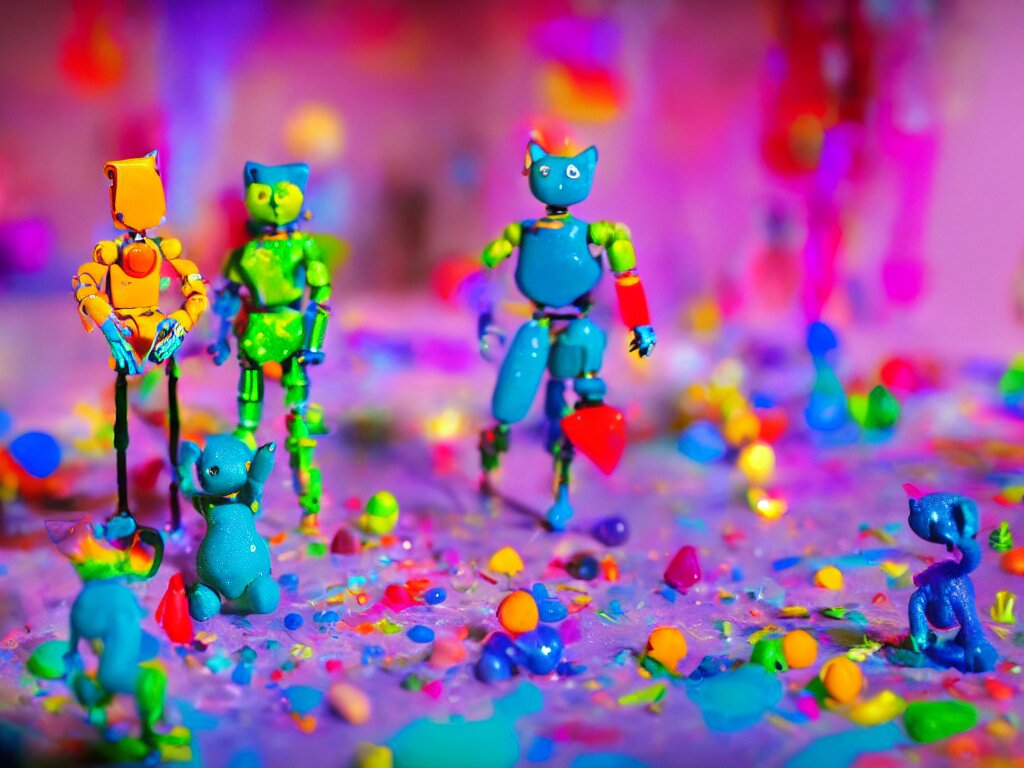 a cinematic film still of a claymation stop motion film, a gay mage and his artist boyfriend in a colorful glass universe, making robotic kittens, shallow depth of field, 8 0 mm, f 1. 8 