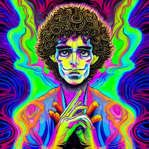 a psychedelic young godlike humanoid, hyper detailed, in the style of rutkowski and junji ito and bob ross and lisa frank, selfie 