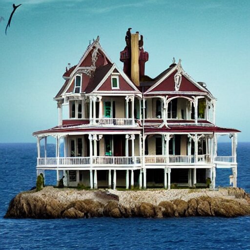 a victorian style 2 story house on top of a hill surrounded by an ocean full of sharks 