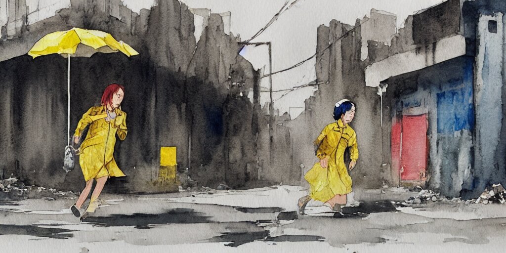 deserted dusty junk town, a girl with a parka and a yellow parasol is running, broken vending machines, scene from the movie Ghost in the shell, watercolor watercolor