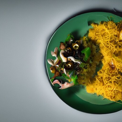 a meal of rather weird and slightly disgusting, but also futuristic designer food, food photography