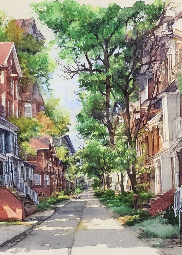 street lined with old residential houses summer watercolor by arti chauhan trending on artstation 