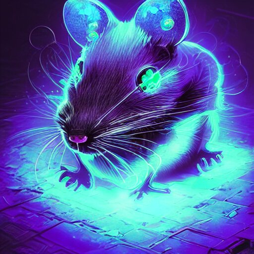 a beautiful full body portrait of a cute cyberpunk rat with bioluminescent fur and bioluminescent tail by sandra chevrier and greg rutkowski and wlop, purple blue color scheme, vaporware, retro, outrun, high key lighting, volumetric light, digital art, highly detailed, fine detail, intricate, ornate, complex, octane render, unreal engine, photorealistic 