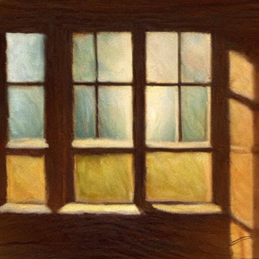 oil painting of mostly empty cottage interior, one small window with sunlight shining onto the floor. artistic. cozy. wooden floor. rustic. solace. 