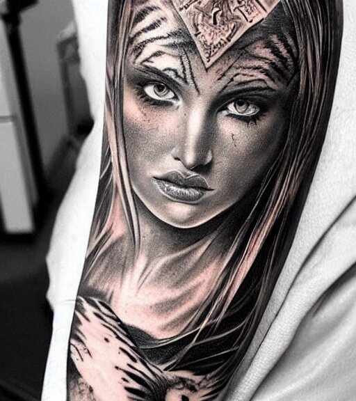 tattoo design of a beautiful girl warrior under a tiger head, hyper realistic, realism tattoo, by eliot kohek, beautiful eyes, realistic face, black and white, white background 