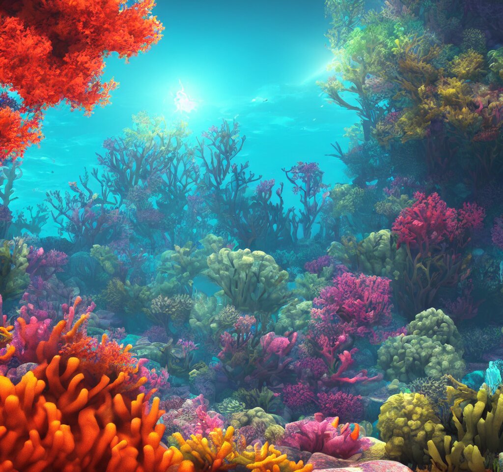 underwater neon coral reef landscape magical realism painting with sun rays coming from above, neon pastel colors, octane render, maya, cinema 4d