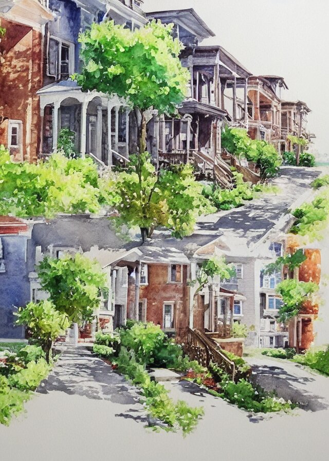 street lined with old residential houses summer watercolor by arti chauhan trending on artstation 