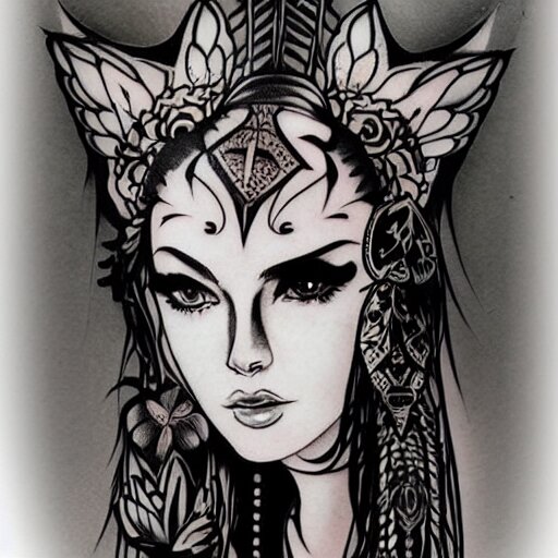 tattoo design, stencil, tattoo stencil, traditional, beautiful portrait of a warrior girl with a wolf headdress on surrounded by flowers, upper body, by artgerm, artgerm, artgerm, digital art, cat girl, anime eyes, anime, sexy-s 100