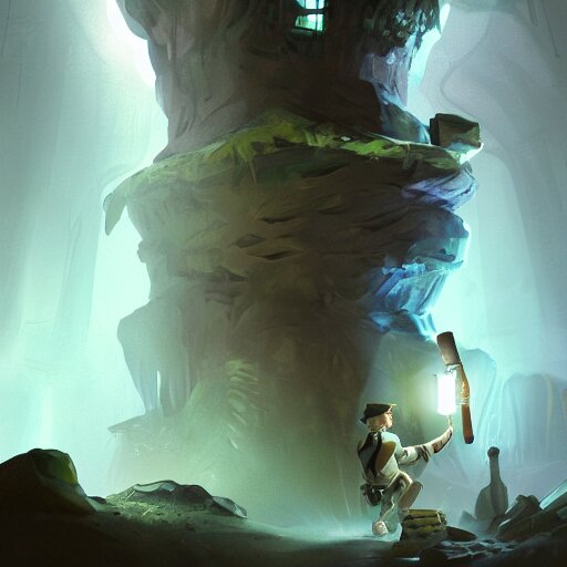 deep underground, an explorer holding up a torch finds a cursed gem. , concept art, trending on artstation 3D.