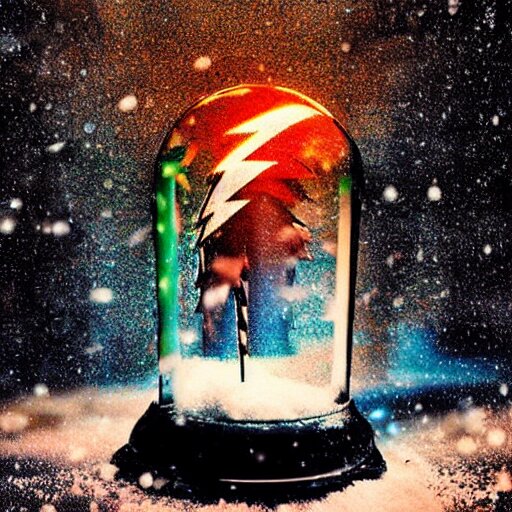 a snow globe with a lightning storm inside. Atmospheric photography. Rich colors, dramatic lighting