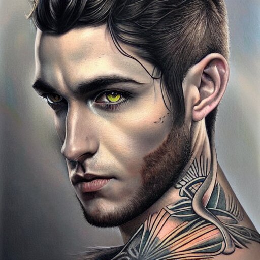 ultra realistic portrait painting of a perfect handsome man green eyes black and grey hair, neck tribal snake tattoo,  painted by Tristan Eaton Stanley Artgerm and Tom Bagshaw