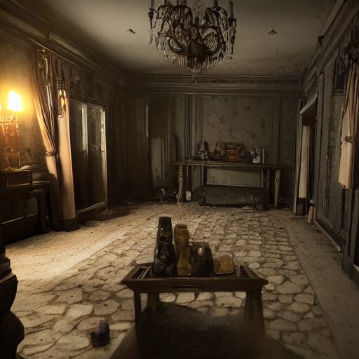 room of a dark mansion, objects from ritual in the ground, realistic, highly detailed, hd, unreal engine, background of resident evil game 