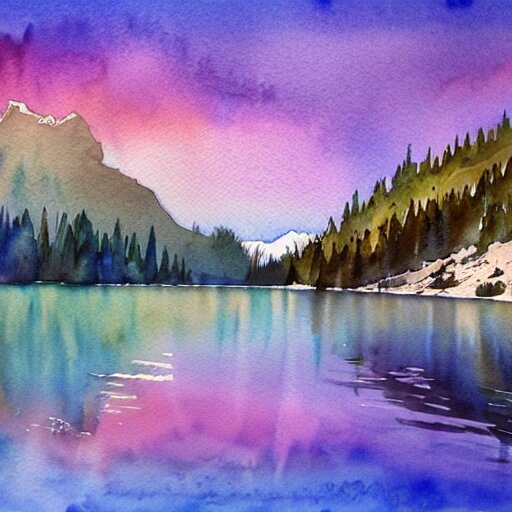 alpine lake. bautiful sunrise. watercolor. trending on artstation 