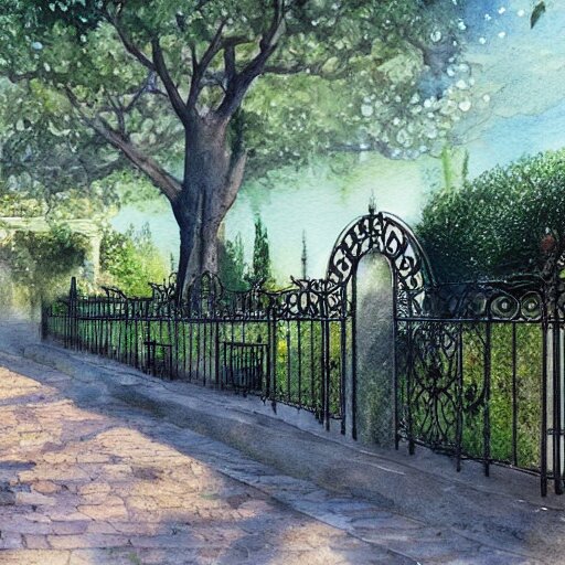 delicate, chairs, garden, paved, botanic watercolors, iridescent, 8 k, realistic shaded, fine details, artstation, italian, iron gate, tree, mediterranean, alien world 